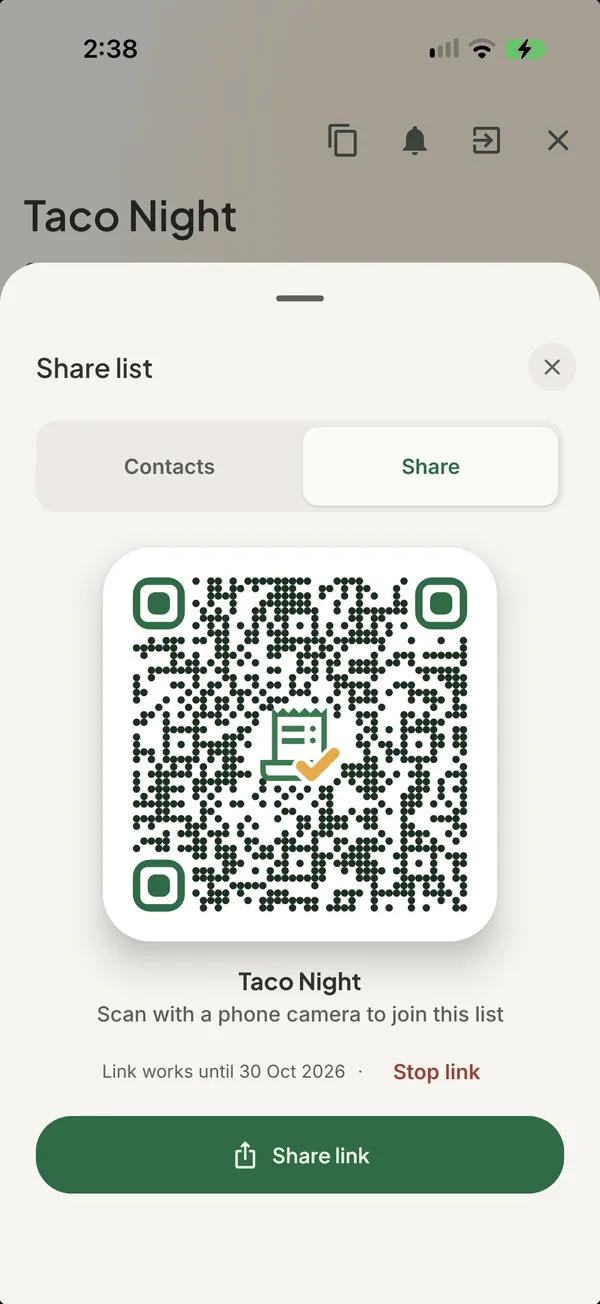 The share sheet of a Taco Night list showing its QR code and a Share link button