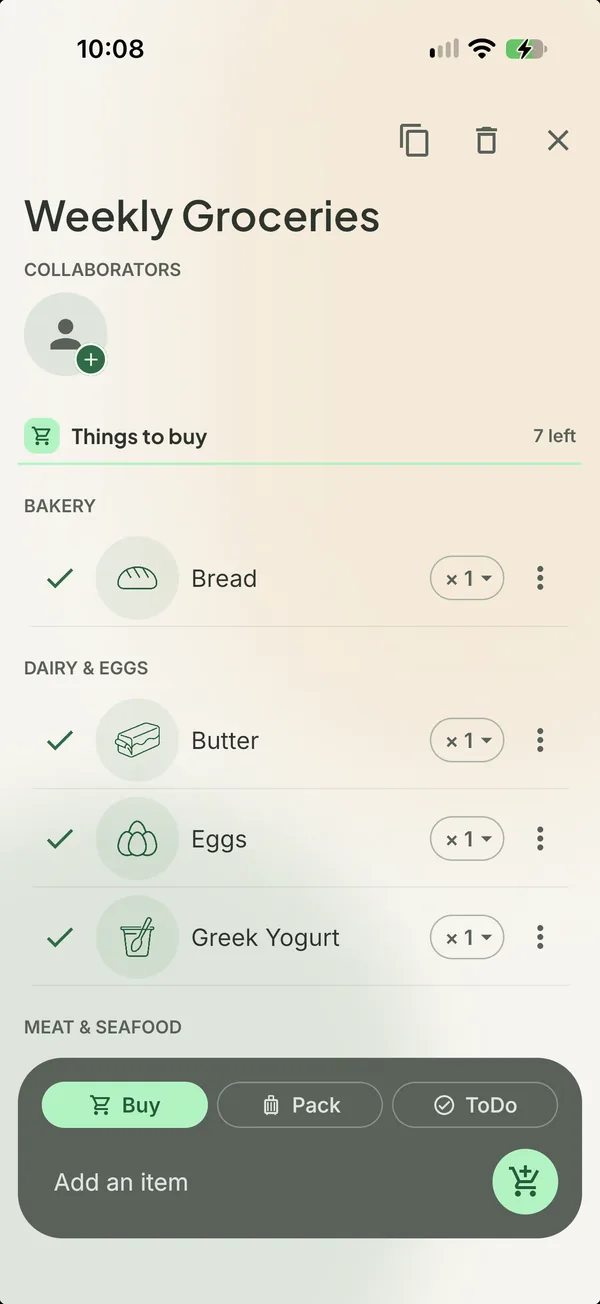 A weekly groceries list sorted into store sections